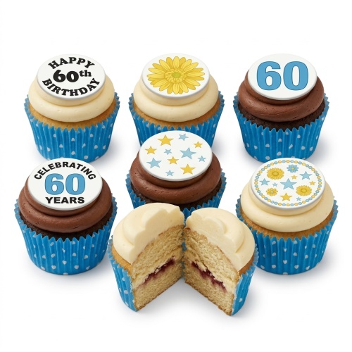 Assorted birthday cupcakes with floral and star decorations, featuring custom age toppers.