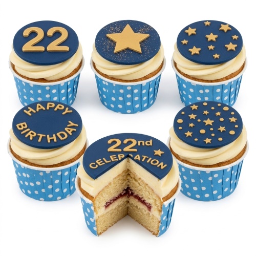 Navy blue cupcakes with gold star and 'Happy Birthday' toppers, some with a custom age '22'.