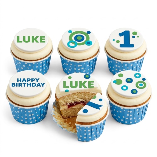 Blue and green polka dot birthday cupcakes with custom name and age toppers.