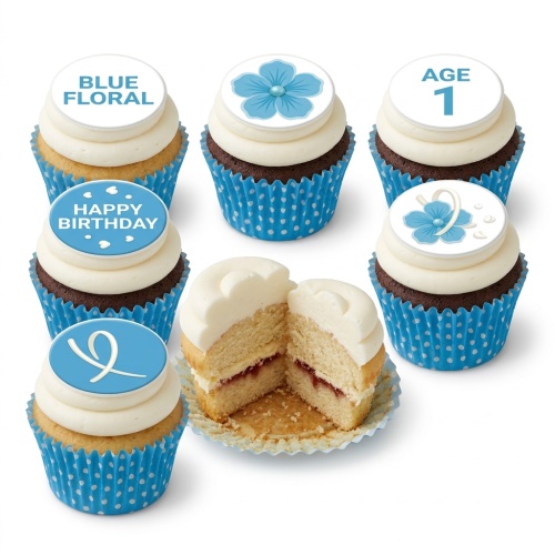 Blue and white floral birthday cupcakes with custom age and message toppers.