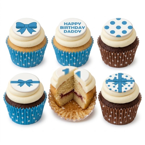 Selection of blue and white birthday cupcakes with bows, polka dots, gift box, and custom age topper.