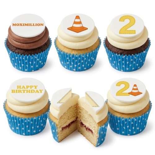 Six construction themed cupcakes with traffic cone, yellow number 2, and Happy Birthday toppers on white fondant.