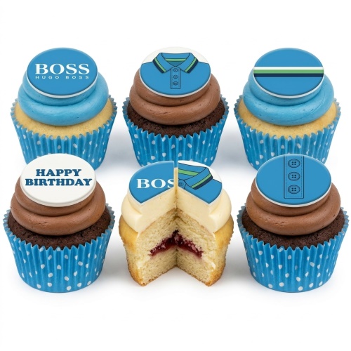 Stylish cupcakes with blue and brown frosting, featuring designer-inspired toppers and a "Happy Birthday" message.