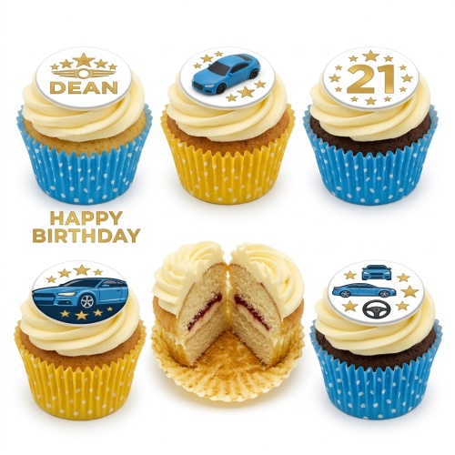 Car themed birthday cupcakes with blue sports cars, steering wheel, gold stars, custom age topper.