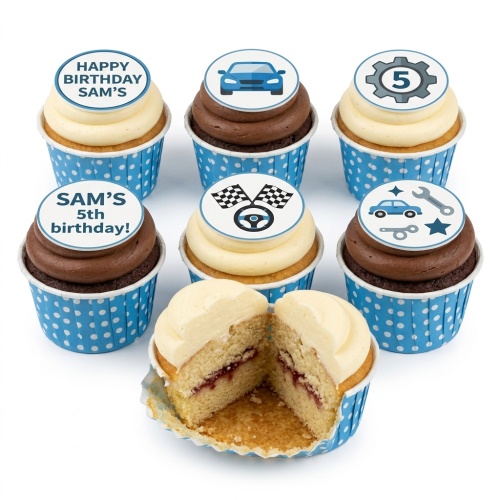 Six car and racing theme birthday cupcakes with custom age and personalised message toppers.