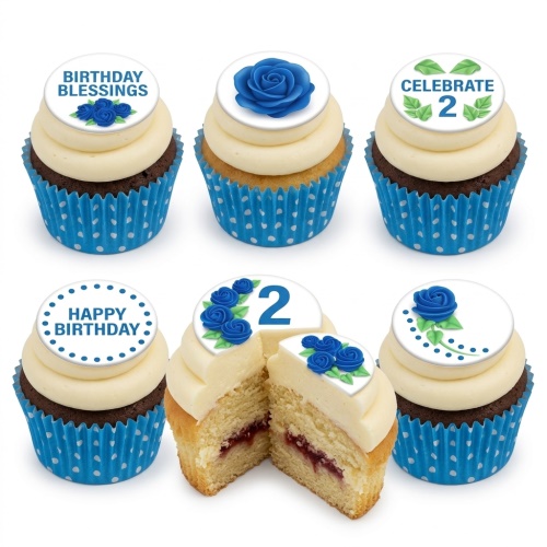 Blue floral birthday cupcakes with white icing and blue rose toppers
