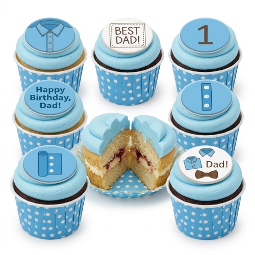Blue cupcakes with shirt, tie, and 'Best Dad' toppers for a birthday celebration.