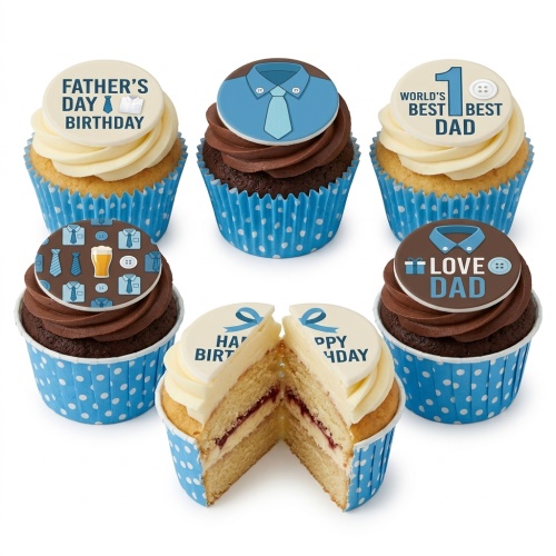 Assortment of Father's Day and Dad birthday cupcakes with shirt, tie, and "World's Best Dad" toppers.