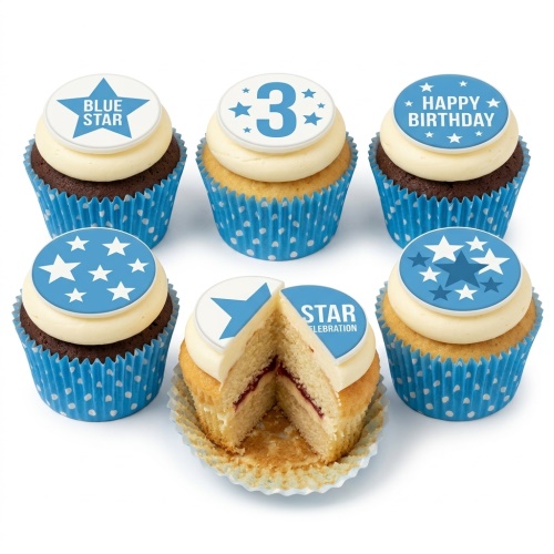 A set of six blue and white star-themed birthday cupcakes with a custom age topper and "Happy Birthday" message.