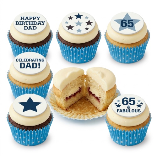 Set of men's birthday cupcakes with blue star toppers and custom age and dad messages.