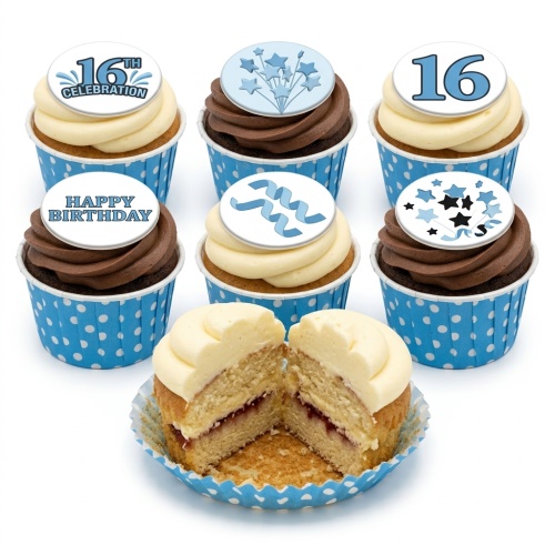 Six blue and white polka dot cupcakes with vanilla and chocolate frosting, topped with edible stars, ribbons, and 'Happy Birthday' messages.
