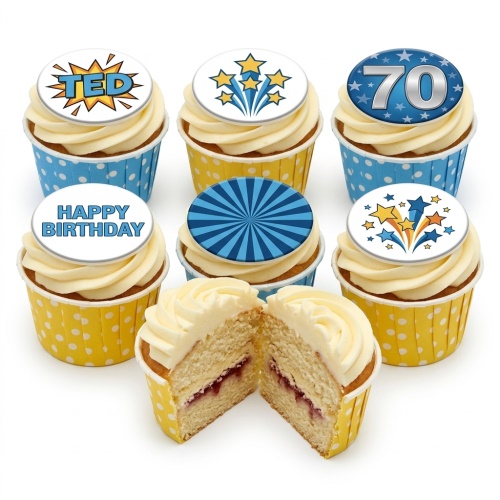 Birthday cupcakes with custom age and name toppers, featuring starburst and 'Happy Birthday' designs in blue and yellow cases.