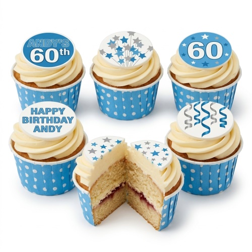 Blue and white cupcakes with white frosting, edible toppers featuring blue and grey stars, streamers, and custom age/message.