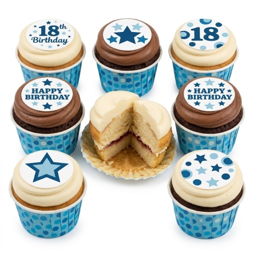 Vanilla and chocolate cupcakes with blue star and 'Happy Birthday' toppers, featuring a custom age example.