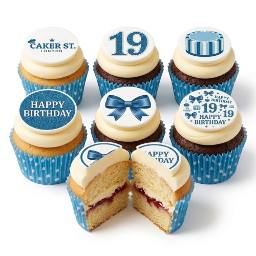 Blue themed birthday cupcakes with bow, cake drum, and custom age toppers.