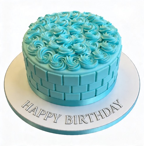 Round blue birthday cake with rosette icing, brick texture on sides, and 'Happy Birthday' message.