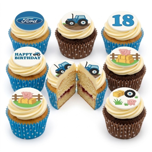 Farm and tractor themed birthday cupcakes with blue tractors, pigs, hay bales, and a custom age topper.