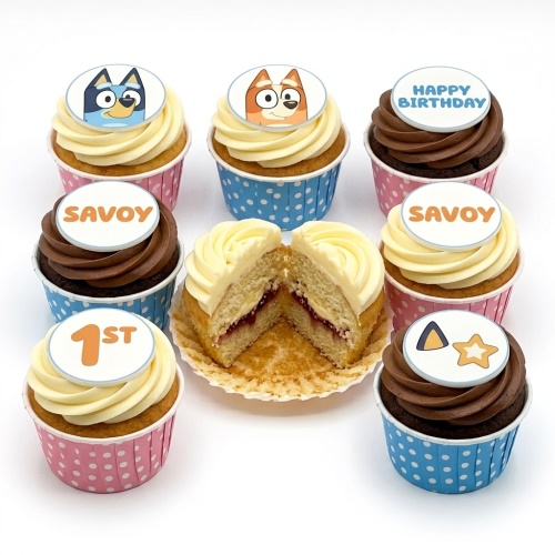 Bluey and Bingo character cupcakes with 'Happy Birthday' message and customisable toppers.