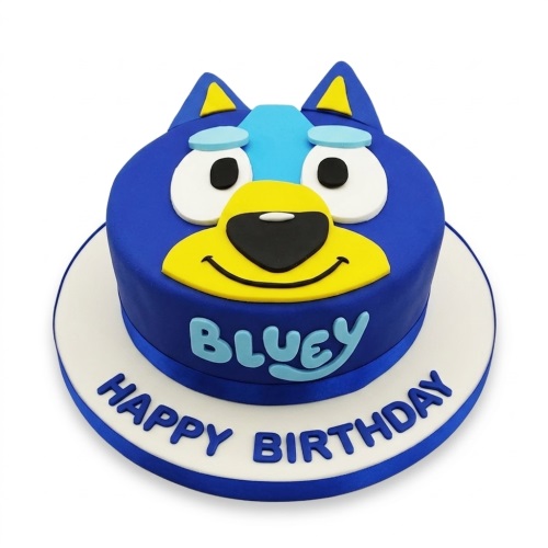 Round blue Bluey character birthday cake with "Happy Birthday" message on the board.