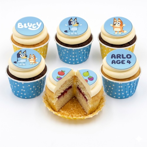 Bluey themed birthday cupcakes with Bluey and Bingo edible toppers, featuring an example of custom age and name personalisation.