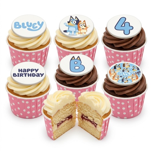 Set of Bluey themed birthday cupcakes with vanilla and chocolate frosting, pink polka dot cases, and edible toppers including Bluey characters, 'BLUEY' text, 'B' initial, '4' age, and 'HAPPY BIRTHDAY' message.