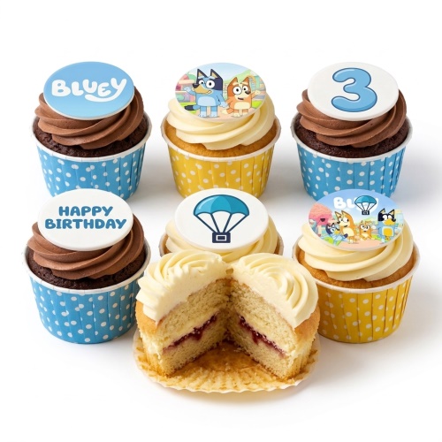 Bluey themed birthday cupcakes with Bluey and Bingo toppers, a parachute, a 'Happy Birthday' message, and a number 3 topper.