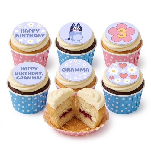 Bluey character birthday cupcakes with custom age 3 topper and "Happy Birthday, Gramma!" messages.