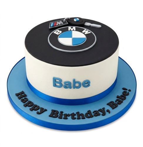 Round BMW logo birthday cake with car key and custom message