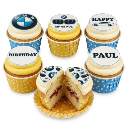 BMW themed birthday cupcakes with car logos, grille, and custom messages