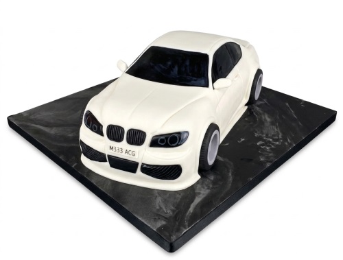 White 3D sports car birthday cake on a black marble-effect board with customisable license plate.