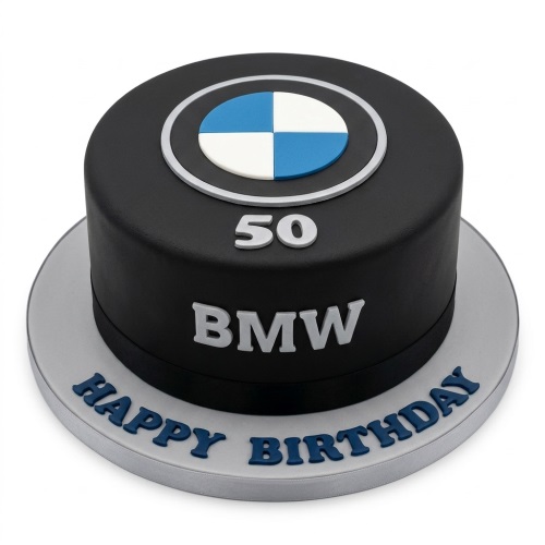 Black round single-tier cake with white and blue BMW logo, silver 'BMW' text, and a custom age number.