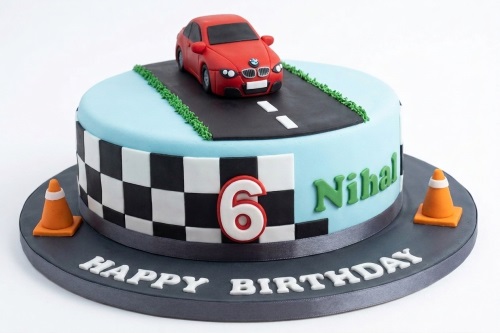 Round blue racing car birthday cake with red car, road, checkered flag, and custom age topper.
