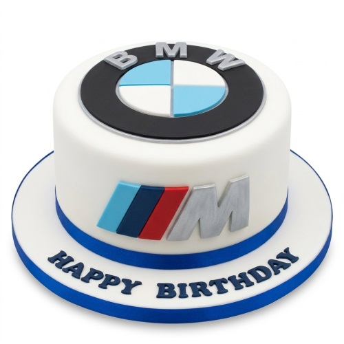 White round BMW M-Sport birthday cake with logo and stripes.