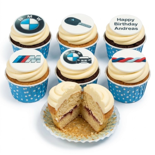 A set of BMW themed birthday cupcakes with car logos, a car key, and a custom message topper.