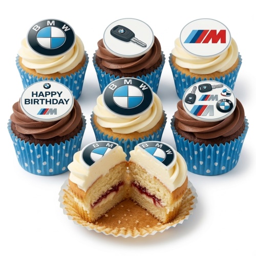 Assortment of BMW themed birthday cupcakes with logos and car key toppers.