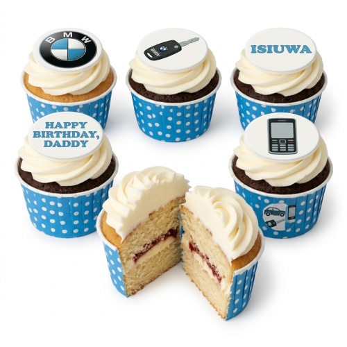 BMW logo, car key, and mobile phone themed cupcakes with custom message 'Happy Birthday, Daddy'.