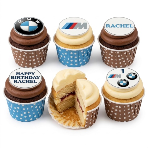 BMW themed cupcakes with iconic logo toppers and custom age/name options.