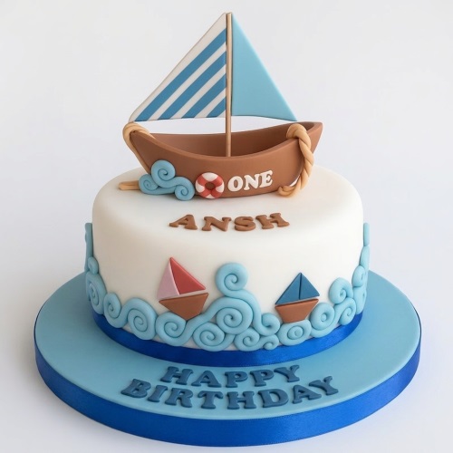 White single-tier cake with blue waves and small boats, topped with a brown sailboat and a lifebuoy.