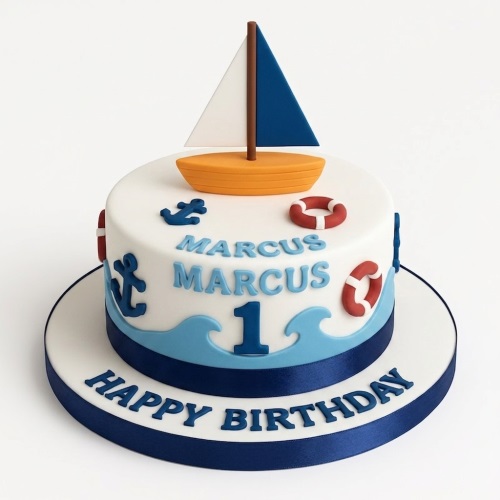 White round cake with blue waves, anchors, lifebuoys, and an orange sailboat topper. Features a custom age '1' and name 'Marcus'.