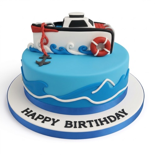 Two-tier blue nautical birthday cake with a 3D boat, lifebuoy, anchor, and wave decorations.
