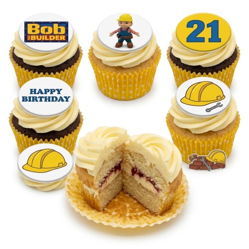 Bob the Builder themed birthday cupcakes with yellow hard hat and 'Happy Birthday' toppers, some with chocolate and some with vanilla sponge.