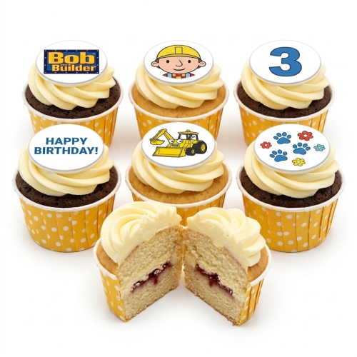 Bob the Builder themed birthday cupcakes with character, logo, excavator, paw prints, and 'Happy Birthday' toppers.