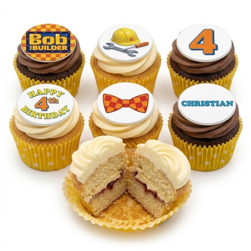 Bob the Builder themed cupcakes with hard hat, tools, bow tie, and custom age toppers.
