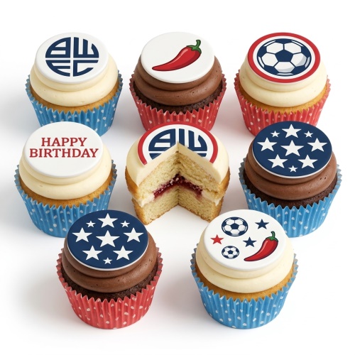 Assorted football theme birthday cupcakes with stars, chili, and a club logo on white and brown frosting.