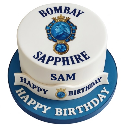 Round white and blue Bombay Sapphire gin theme birthday cake with custom name and message.