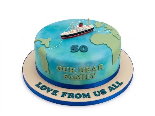 Round travel theme birthday cake with blue ocean, green continents, and a white and red cruise ship.