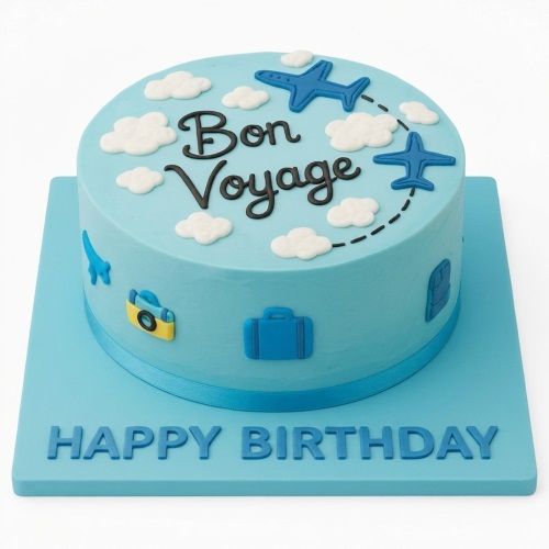 Blue round cake with airplanes, clouds, camera, and suitcase, with "Bon Voyage" and "Happy Birthday".