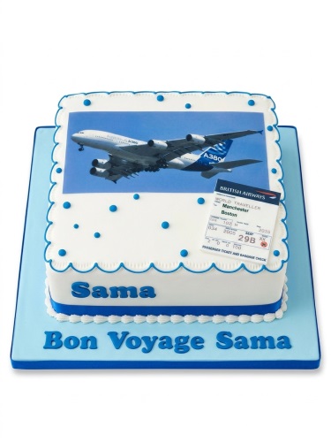 White square cake with blue accents, featuring an edible image of an airplane and a customisable boarding pass.