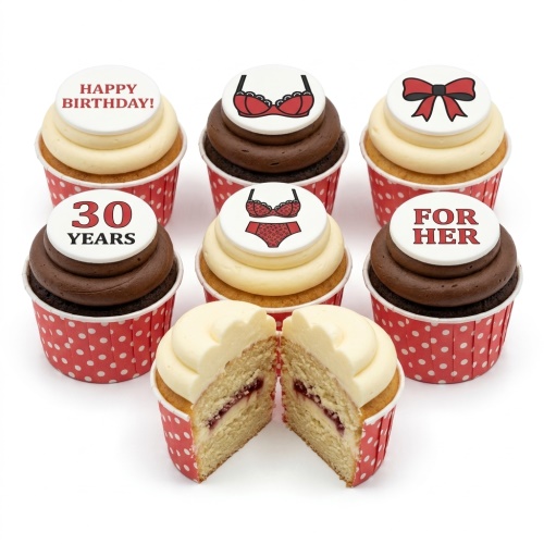 Assortment of ladies birthday cupcakes with red lingerie, bow, and 'Happy Birthday!' toppers, with a custom age example.
