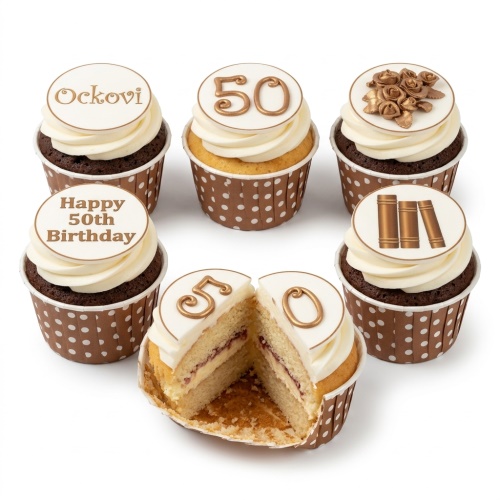Bronze book-shaped birthday cupcakes with edible roses and custom age.